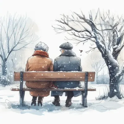 Vanha pariskunta istuu puistonpenkillä talvimaisemassa
